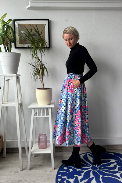 Light blue bird and polka dot cotton midi skirt with original handprinted signature pattern One Size Fits Many Skirt with Pockets in light cotton- A Minimalist Dream