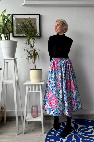 Light blue bird and polka dot cotton midi skirt with original handprinted signature pattern One Size Fits Many Skirt with Pockets in light cotton- A Minimalist Dream