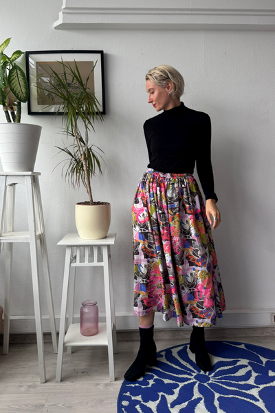 Colorful patterned viscose skirt with original handprinted signature pattern One Size Fits Many Skirt with Pockets in light viscose- A Minimalist Dream