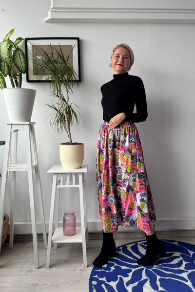 Colorful patterned viscose skirt with original handprinted signature pattern One Size Fits Many Skirt with Pockets in light viscose- A Minimalist Dream