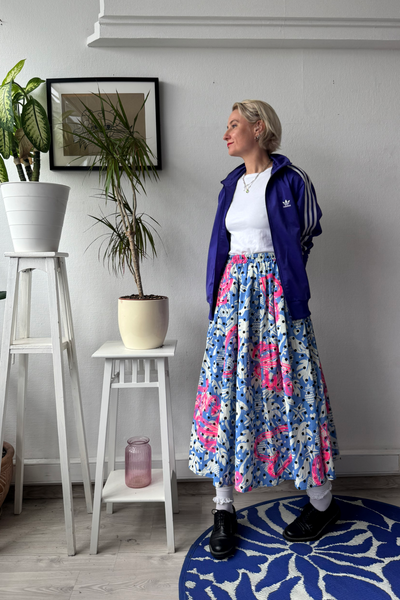 Light blue bird and polka dot cotton midi skirt with original handprinted signature pattern One Size Fits Many Skirt with Pockets in light cotton- A Minimalist Dream