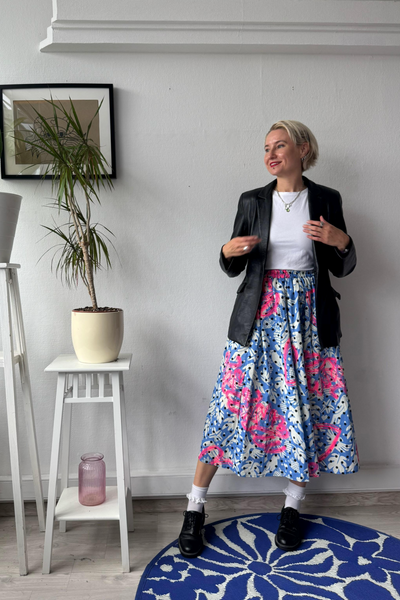 Light blue bird and polka dot cotton midi skirt with original handprinted signature pattern One Size Fits Many Skirt with Pockets in light cotton- A Minimalist Dream