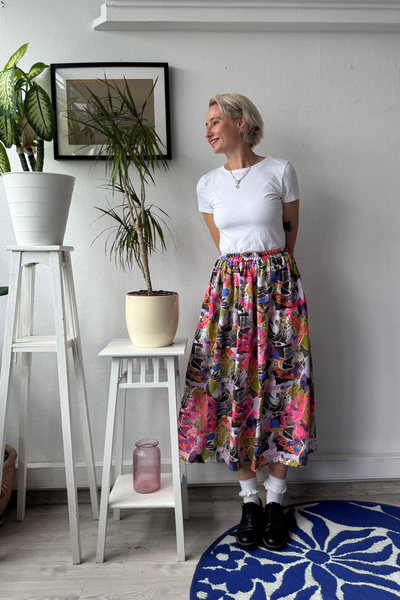 Colorful patterned viscose skirt with original handprinted signature pattern One Size Fits Many Skirt with Pockets in light viscose- A Minimalist Dream