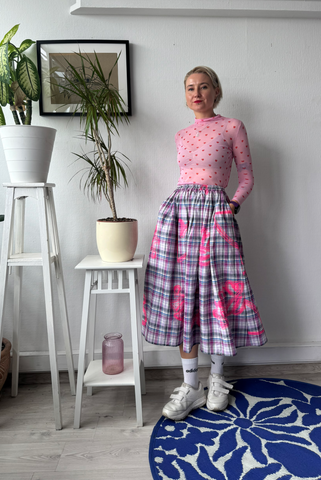 Light purple checked light cotton skirt with original handprinted heart pattern One Size Fits Many Skirt with Pockets in light viscose- A Minimalist Dream