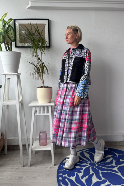 Light purple checked light cotton skirt with original handprinted heart pattern One Size Fits Many Skirt with Pockets in light viscose- A Minimalist Dream