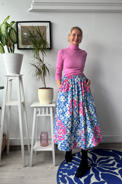 Light blue bird and polka dot cotton midi skirt with original handprinted signature pattern One Size Fits Many Skirt with Pockets in light cotton- A Minimalist Dream