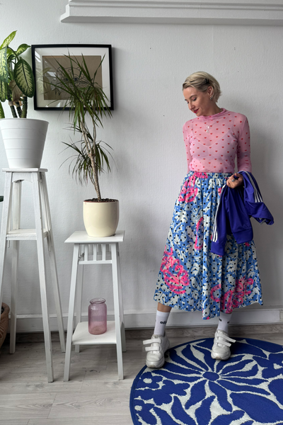 Light blue bird and polka dot cotton midi skirt with original handprinted signature pattern One Size Fits Many Skirt with Pockets in light cotton- A Minimalist Dream