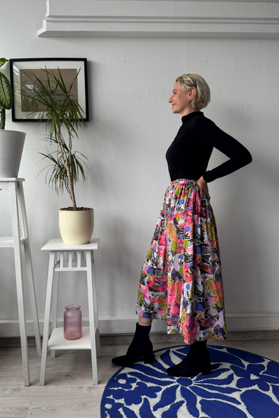 Colorful patterned viscose skirt with original handprinted signature pattern One Size Fits Many Skirt with Pockets in light viscose- A Minimalist Dream