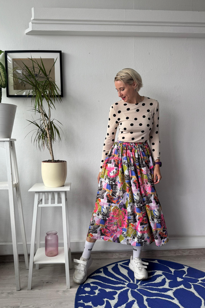 Colorful patterned viscose skirt with original handprinted signature pattern One Size Fits Many Skirt with Pockets in light viscose- A Minimalist Dream