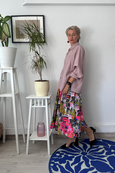 Colorful patterned viscose skirt with original handprinted signature pattern One Size Fits Many Skirt with Pockets in light viscose- A Minimalist Dream