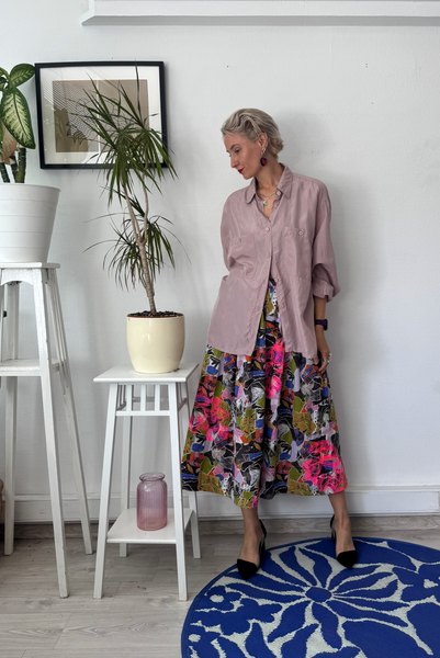 Colorful patterned viscose skirt with original handprinted signature pattern One Size Fits Many Skirt with Pockets in light viscose- A Minimalist Dream