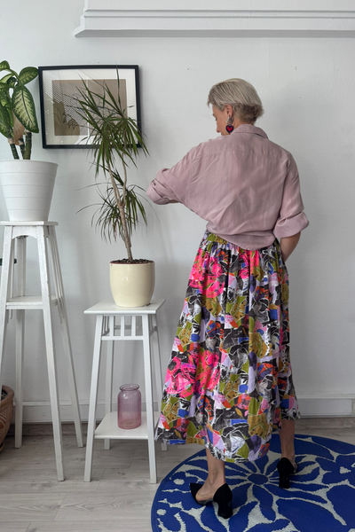 Colorful patterned viscose skirt with original handprinted signature pattern One Size Fits Many Skirt with Pockets in light viscose- A Minimalist Dream