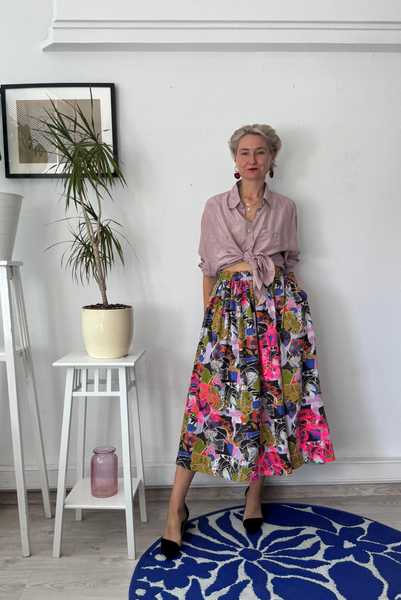 Colorful patterned viscose skirt with original handprinted signature pattern One Size Fits Many Skirt with Pockets in light viscose- A Minimalist Dream