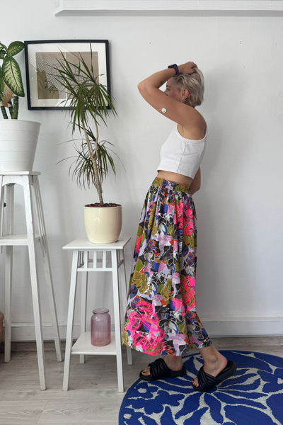 Colorful patterned viscose skirt with original handprinted signature pattern One Size Fits Many Skirt with Pockets in light viscose- A Minimalist Dream