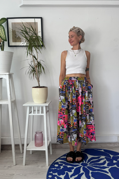 Colorful patterned viscose skirt with original handprinted signature pattern One Size Fits Many Skirt with Pockets in light viscose- A Minimalist Dream
