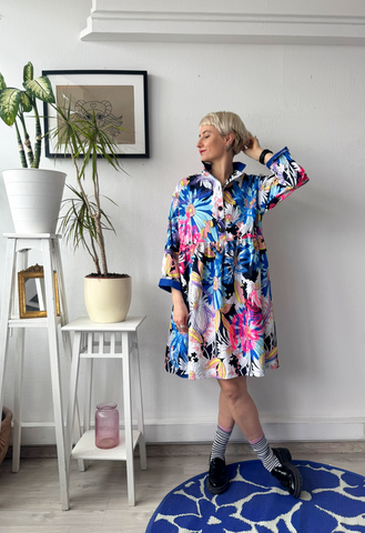 Size M Colorful Floral 100% Linen Oversized Mini Shirt Dress with Bright Pink and Purple Handprinted Original drawings on top if original Floral fabric
