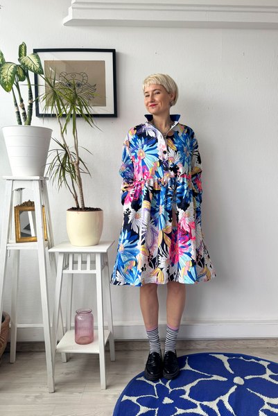 Size M Colorful Floral 100% Linen Oversized Mini Shirt Dress with Bright Pink and Purple Handprinted Original drawings on top if original Floral fabric