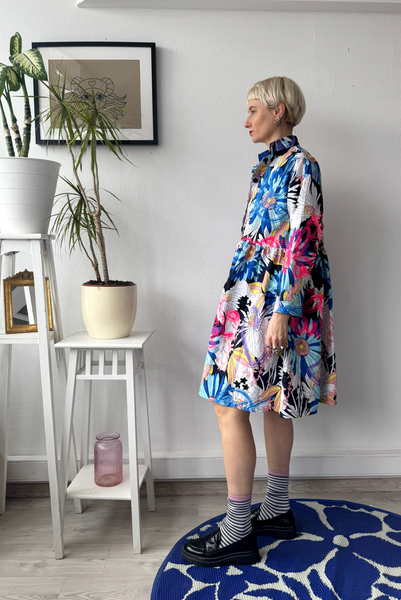 Size M Colorful Floral 100% Linen Oversized Mini Shirt Dress with Bright Pink and Purple Handprinted Original drawings on top if original Floral fabric