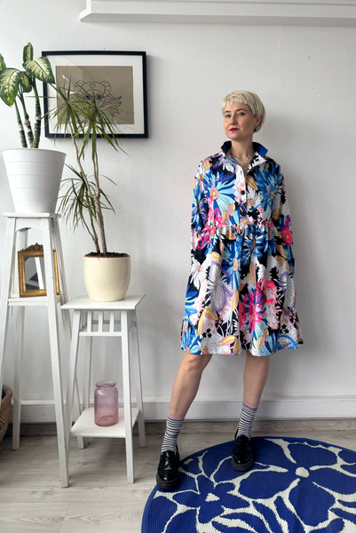 Size M Colorful Floral 100% Linen Oversized Mini Shirt Dress with Bright Pink and Purple Handprinted Original drawings on top if original Floral fabric