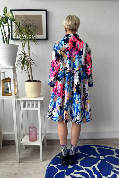 Size M Colorful Floral 100% Linen Oversized Mini Shirt Dress with Bright Pink and Purple Handprinted Original drawings on top if original Floral fabric