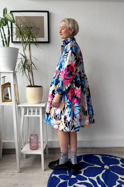 Size M Colorful Floral 100% Linen Oversized Mini Shirt Dress with Bright Pink and Purple Handprinted Original drawings on top if original Floral fabric