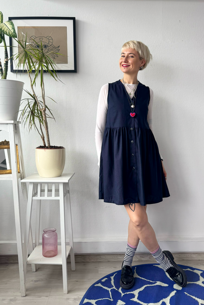 Dark Blue Linen Blend Pinafore Mini Dress with buttons and pockets
