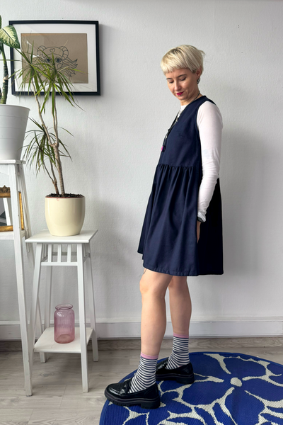 Dark Blue Linen Blend Pinafore Mini Dress with buttons and pockets