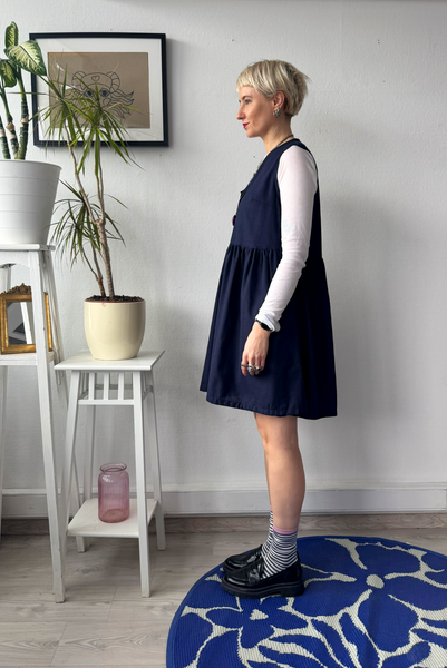 Dark Blue Linen Blend Pinafore Mini Dress with buttons and pockets