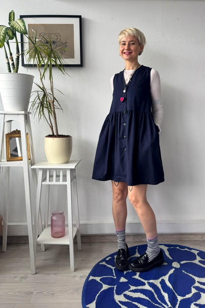 Dark Blue Linen Blend Pinafore Mini Dress with buttons and pockets