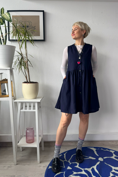 Dark Blue Linen Blend Pinafore Mini Dress with buttons and pockets