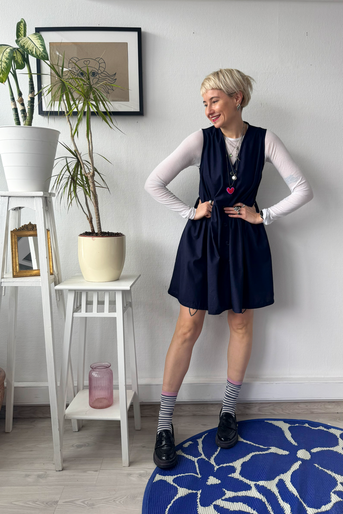 Dark Blue Linen Blend Pinafore Mini Dress with buttons and pockets malvine.lv Dark Blue Linen Blend Pinafore Mini Dress with buttons and pockets malvine.lv