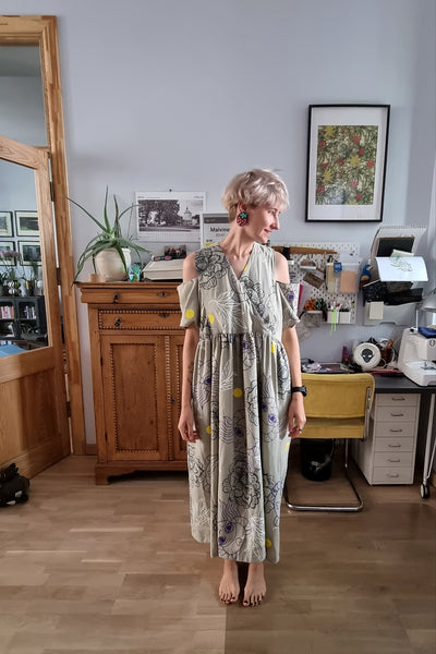 Oversized and Versetile Dusty Light Green Linen Blend Dress for Everyday and Festive Events with Original Handprinted Pattern