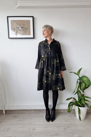 Size S/M Fun and versatile Black Short Linen Shirt dress With Original Handprinted Pattern