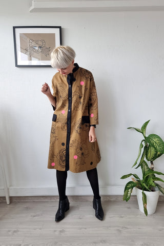 One of a Kind Coat Dress in Bright Sand Beige With Black and Pink Print