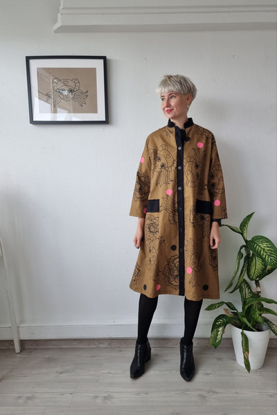 One of a Kind Coat Dress in Bright Sand Beige With Black and Pink Print