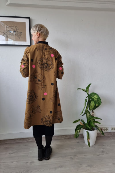 One of a Kind Coat Dress in Bright Sand Beige With Black and Pink Print