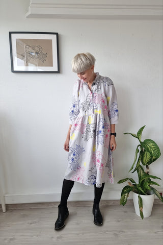 Puff Shoulder Handprinted One of A Kind Light Grey Button Up Shirt Dress with Puff Sleeves in Linen Fabric