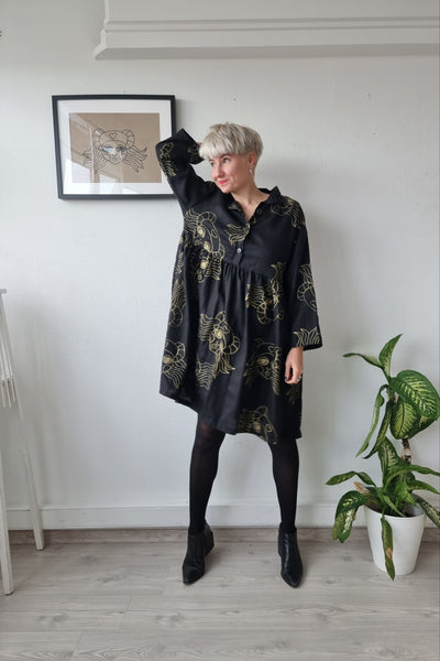 Size S/M Fun and versatile Black Short Linen Shirt dress With Original Handprinted Pattern