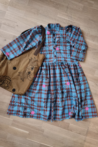 ONE OF A KIND Size XS/S Tartan and Handprinted Button Up Shirt Dress with Puff Sleeves in Cotton Fabric