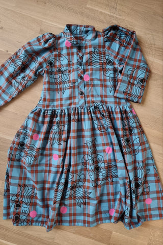 ONE OF A KIND Size XS/S Tartan and Handprinted Button Up Shirt Dress with Puff Sleeves in Cotton Fabric