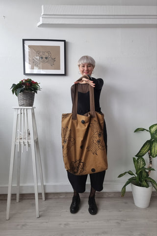 Zero Waste Brown Oversized Shopper With Colorful Origial Handprinted Pattern