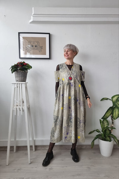 Oversized and Versetile Dusty Light Green Linen Blend Dress for Everyday and Festive Events with Original Handprinted Pattern