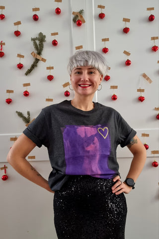 Purple and Pink with Gold Heart - LOVE is The Answer - Dark Grey Melange Organic Oversized Unisex Tshirt with One of a Kind Special Print