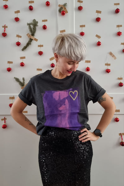Purple and Pink with Gold Heart - LOVE is The Answer - Dark Grey Melange Organic Oversized Unisex Tshirt with One of a Kind Special Print