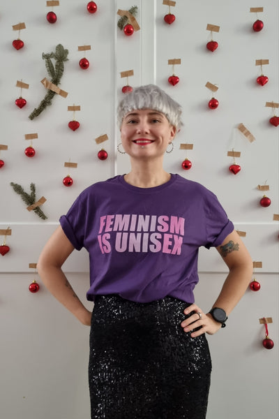 Feminism is Unisex - Plum Purple Organic Oversized Unisex Tshirt with Unicorn Grafient Print