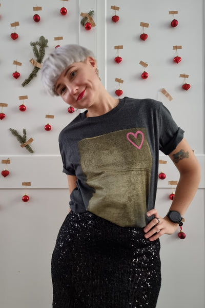 Gold and Pink LOVE is The Answer - Dark Grey Melange Organic Oversized Unisex Tshirt with One of a Kind Special Print