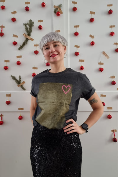 Gold and Pink LOVE is The Answer - Dark Grey Melange Organic Oversized Unisex Tshirt with One of a Kind Special Print