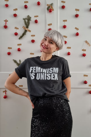 Feminism is Unisex - Dark Melange Grey Organic Oversized Unisex Tshirt with White Print