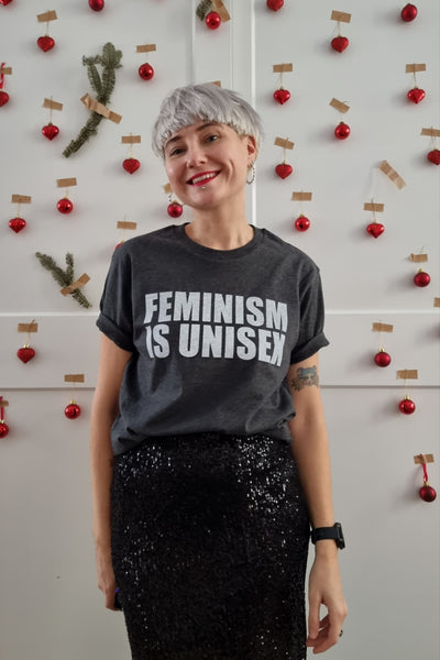 Feminism is Unisex - Dark Melange Grey Organic Oversized Unisex Tshirt with White Print