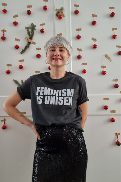 Feminism is Unisex - Dark Melange Grey Organic Oversized Unisex Tshirt with White Print